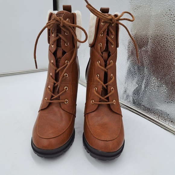 Just Fab Shandee Sherpa Block High Heel Boots Sherpa Trim Lug Sole 7 - Picture 3 of 10